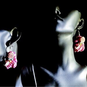 Handmade Pink Striped Cheshire Cat Drop Earrings with Lollipop Accent